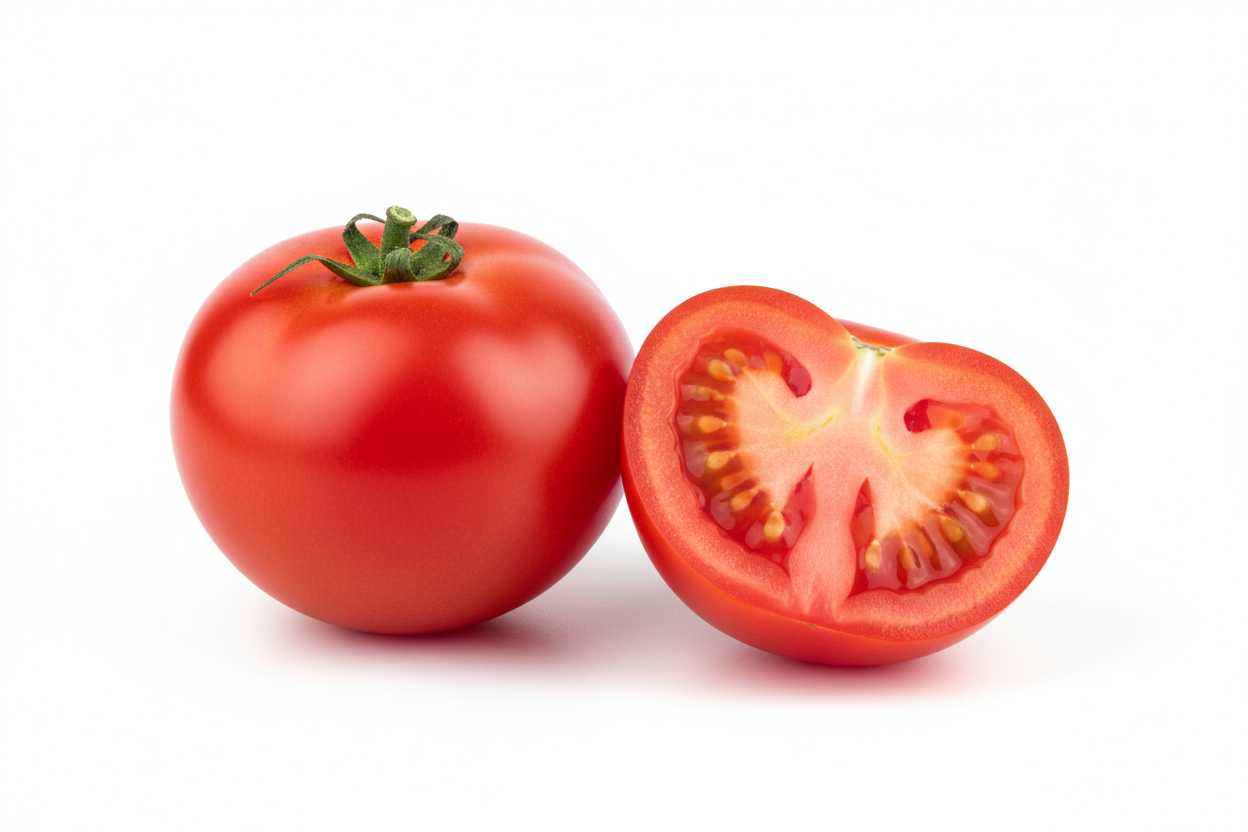 Tomate para venta con fondo blanco que sean dos y que uno este cortado